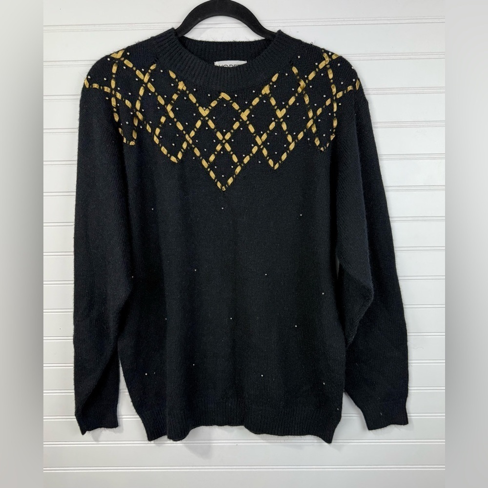 Koret vintage women’s Black & Gold Sweater with criss cross ribbons. Size Large